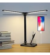 Qooltek LED Desk Lamp with Adjustable Dual Head and USB Charging Port, Bedside Reading Light with...
