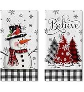 Croar Christmas Tree Snowman Kitchen Dish Towels Set of 2, Xmas Believe Cardinal Plaid Snowflake ...