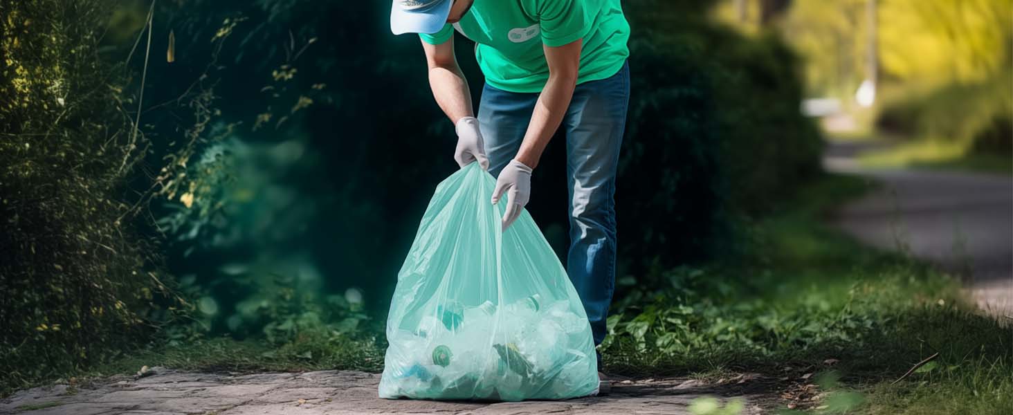 Using 13 gallon trash bags collect plastic bottles in garbage bags.