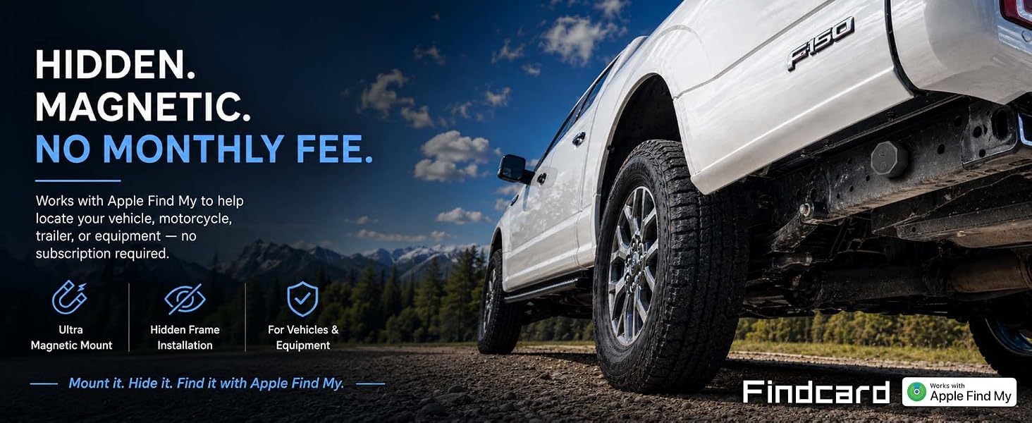 Findcard magnetic vehicle tracker mounted under a pickup truck frame