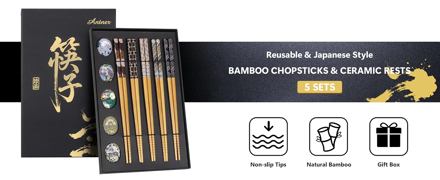 Reusable Bamboo Chopsticks Set with Ceramic Chopstick Rests