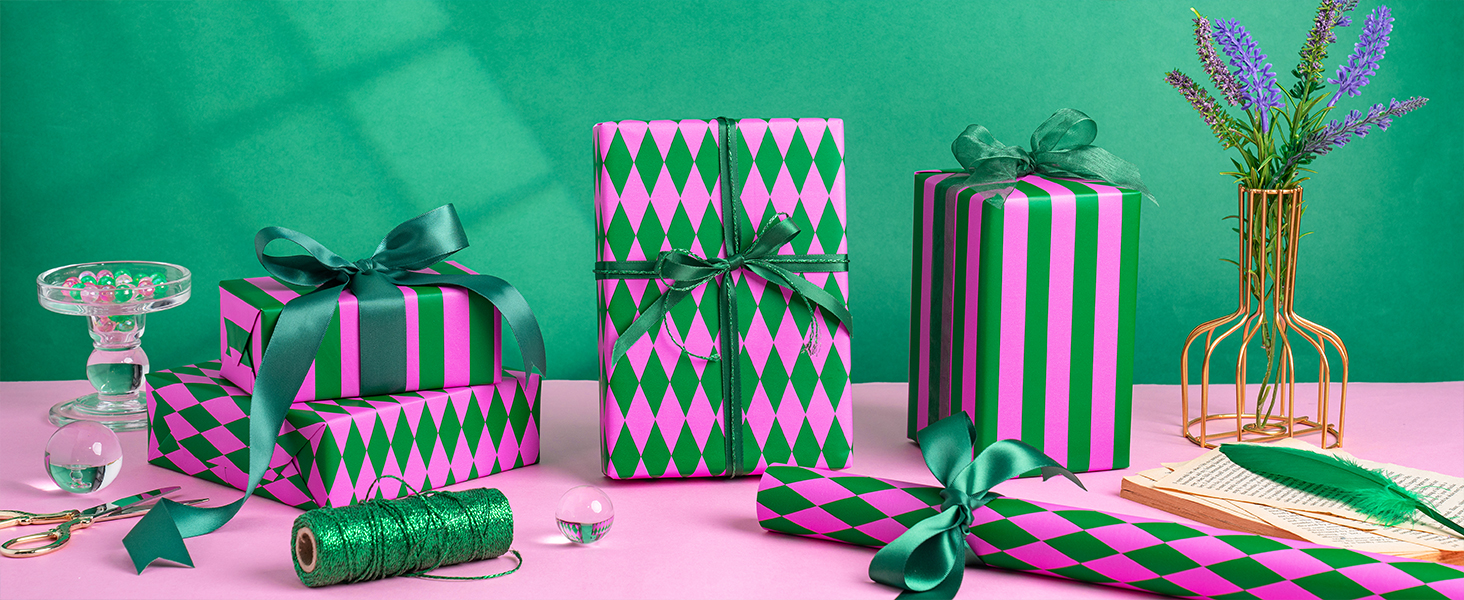 Green & Pink Stripes and Diamond Pattern Reversible Wrapping Paper