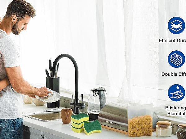 Kitchen faucet demonstration with four feature icons showing: Efficient Double, Soft & Elastic, Double Effect, and Strong Decontamination capabilities.