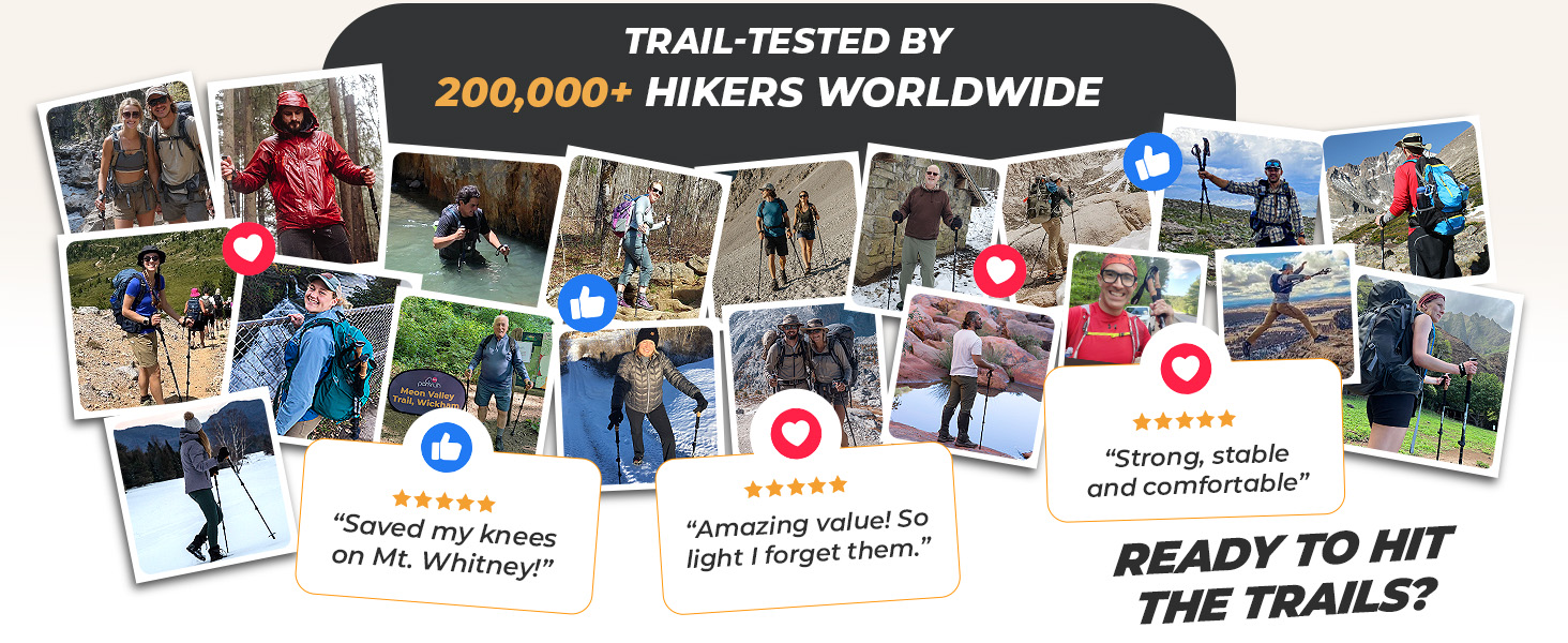 Foxelli trekking poles customer collageâ??trail-tested by 200,000+ hikers worldwide