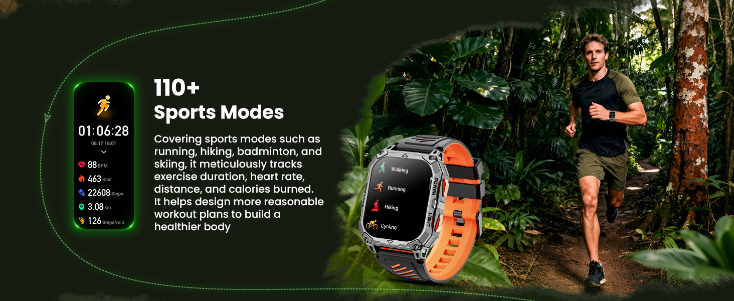 Text shows '100+ sports & activities'. Smartwatch with orange band shown on jogger's wrist in outdoor forest setting.