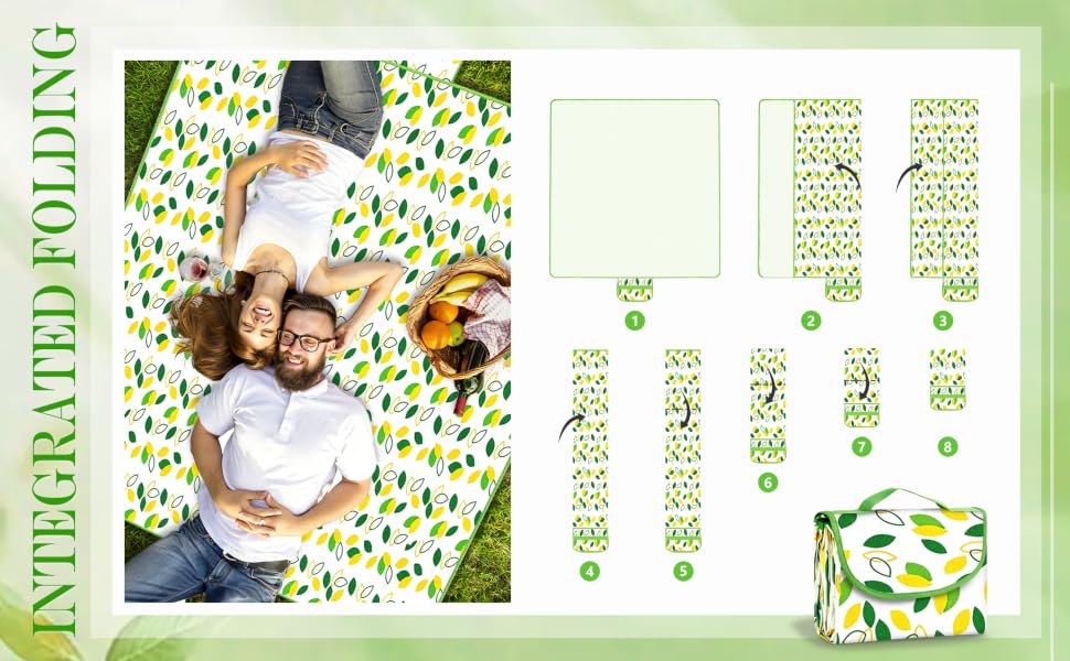 Foldable portable picnic blanket with integrated storage bag