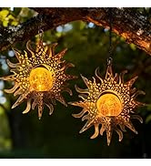 2 Pack Garden Decor Hanging Lanterns Outdoor Waterproof,Solar Lights Metal Sun Gifts Decoration f...