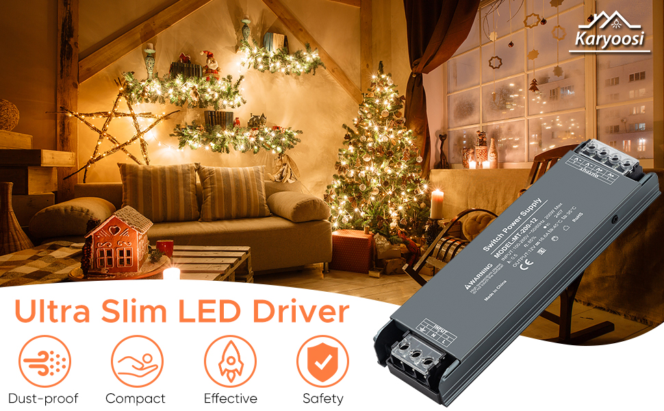 Ultra slim LED driver device shown against warm-lit holiday scene background, featuring icon indicators for dust proof, connect, effective, and safety features.