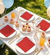 HEIPINIUYE 50 Pcs Red Scalloped Luncheon Napkins 6.5 × 6.5 Inch Red Scalloped Paper Cocktail Lunc...