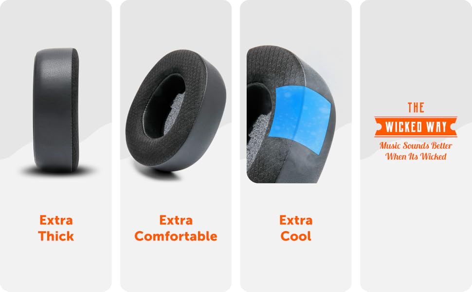 Three ear cushions for headphones: black 'Extra Thick', grey 'Extra Comfortable', and blue 'Extra Cool'. Text indicates they are part of 'THE WICKED KIT'.