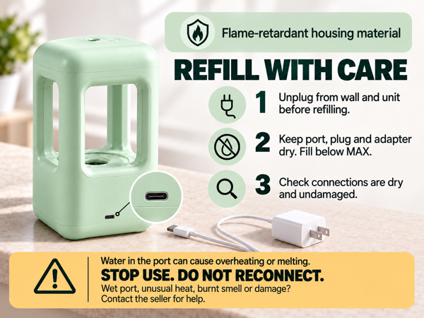 Green WINBEN refill care: unplug, keep connections dry, stop for wet or damaged connections