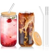 DAMCONME Glass Cups with Lids and Straws 2Pcs,Cute Glass Cups for Iced Coffee Smoothies Whiskey M...