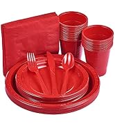 175 PCS Red Plastic Dinnerware Set Includes 50 Plates, 25 Cups, 25 Napkins, 25 Cutlery Spoons For...