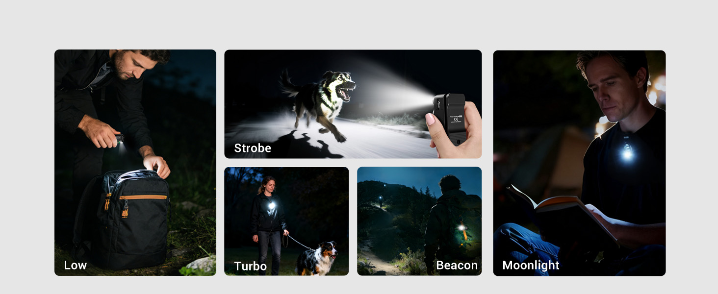 Turbo, Strobe, Low, Beacon, Moonlight—for emergencies, signaling, and night vision preservation.