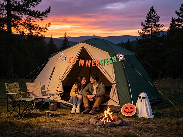 Spooky banner tied to tent, romantic summer night vibe.