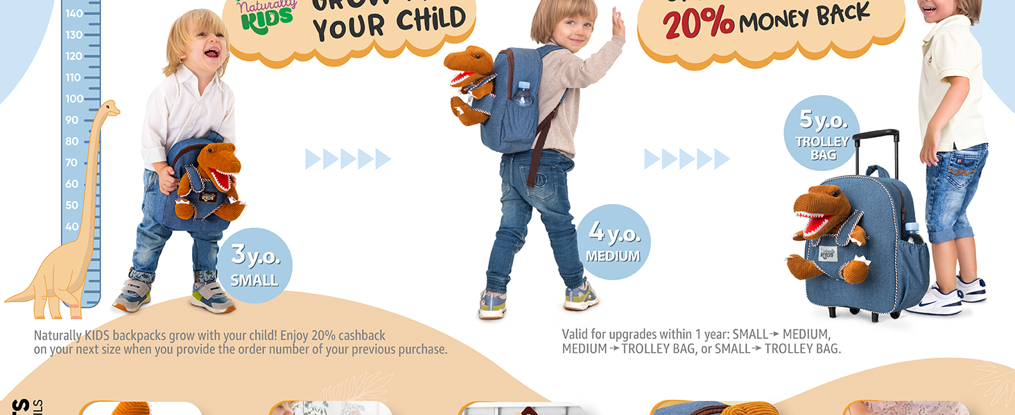 This dinosaur backpack for kids 3-5 grows right along with your child, size after size.