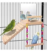 Bird Perch Platform Toy Set (Includes Mirror, Climbing Ladder, and Swing) - Wooden Play Frame, Pa...