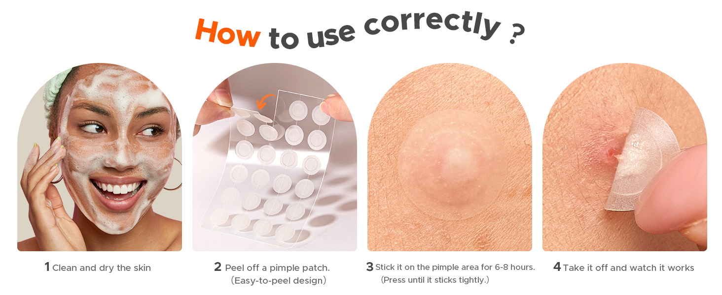 Text reads "How to use correctly?" Four-step instructional grid showing: 1) face application, 2) product application on skin, 3) product on fingertip, 4) product on affected area. Usage demonstration images with male face and skin close-ups.