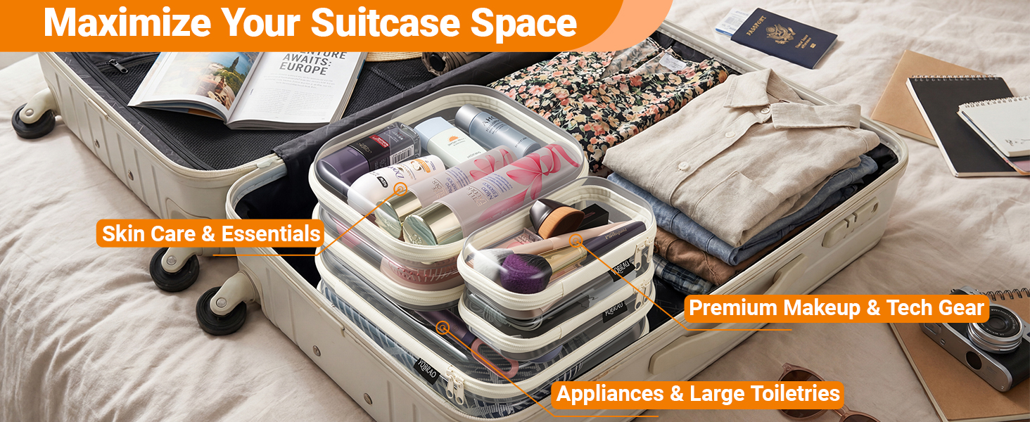Clear packing cubes for suitcase, space saving travel organizers for makeup & toiletries.