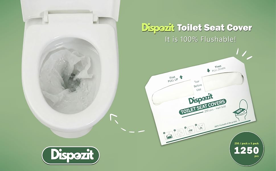 A toilet flushing a Dispozit seat cover next to a 250-piece half-fold pack,