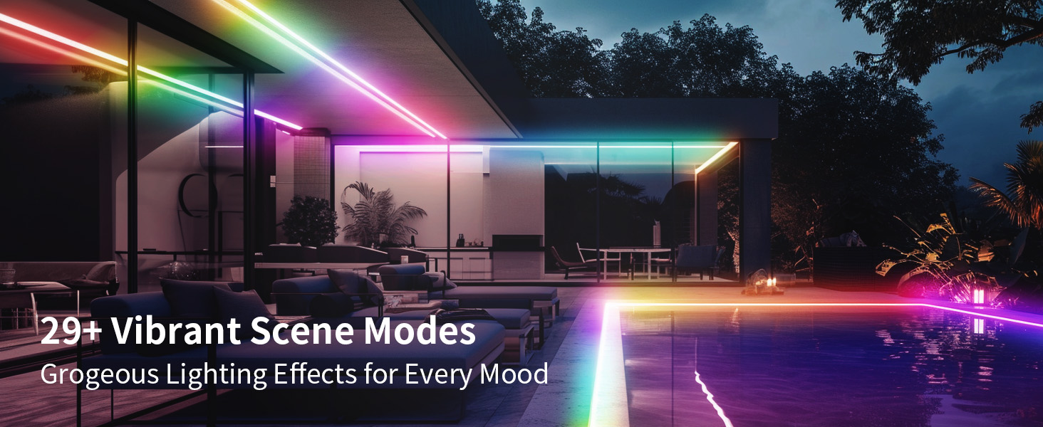 Outdoor area with colorful LED lighting creating vibrant scene modes. Text overlay mentions '29+ Vibrant Scene Modes' and 'Gorgeous Lighting Effects for Every Mood'.