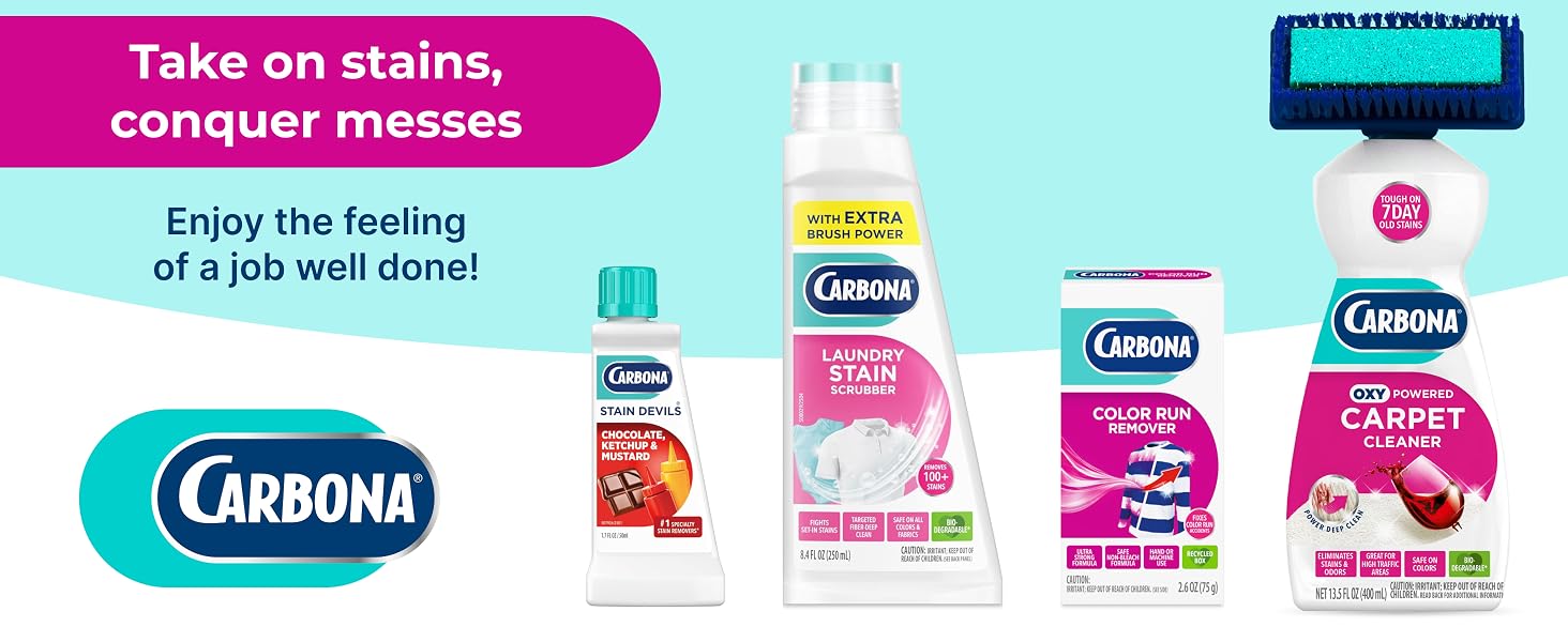 Carbona laundry care products for removing stains, dye transfer, and laundry mishaps