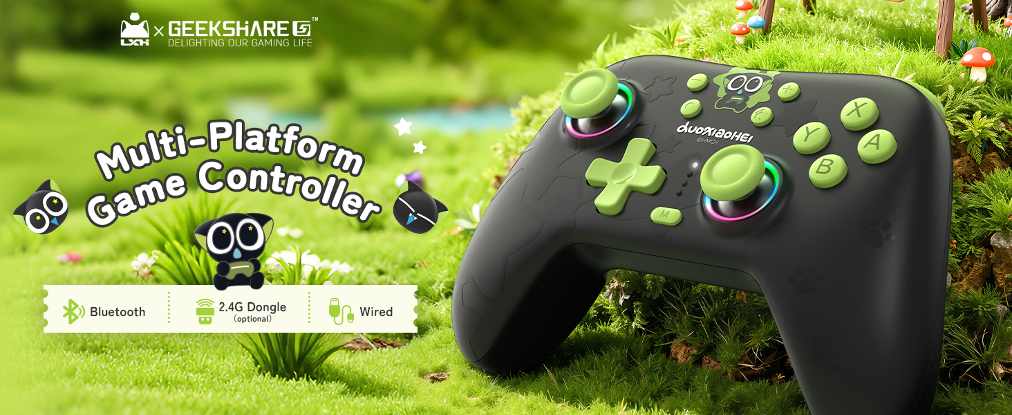 Text reads 'Multi-Platform Controller'. Gaming website interface showing game controllers and gaming peripherals against a green grass background with gaming icons.