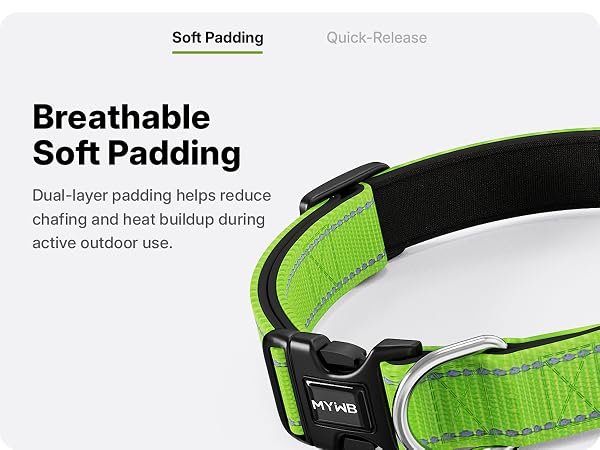 Breathable dual layer padding helps reduce chafing and heat buildup on this dog collar