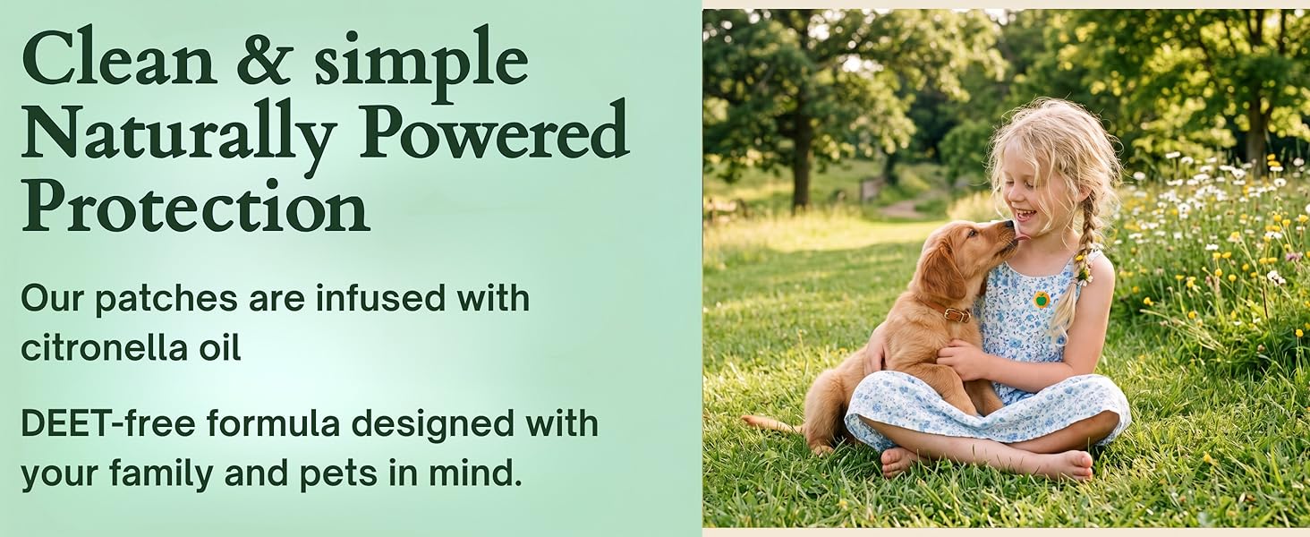 Girl wearing a mosquito patch playing with a puppy outdoors, family and pet friendly