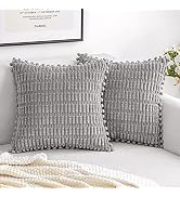 MIULEE Light Grey Corduroy Decorative Throw Pillow Covers Pack of 2 Pom-pom Soft Boho Striped Pil...