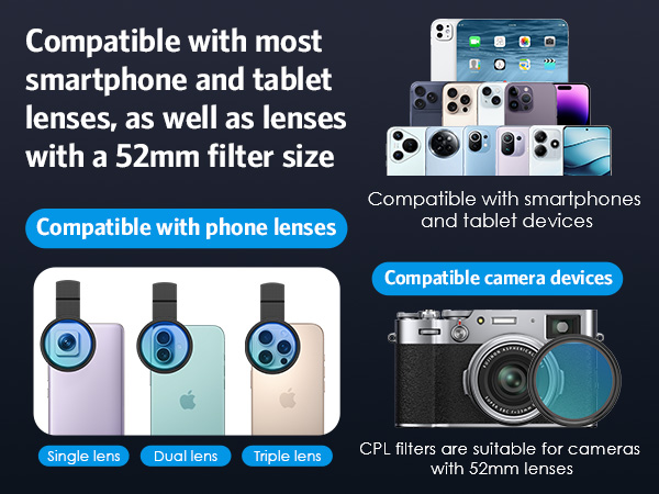 52MM Clip-on CPL Phone Camera Lens Filter,