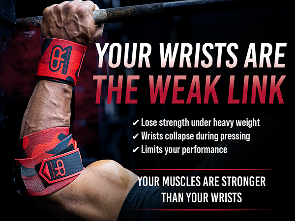 Athlete wearing black wrist wraps gripping barbell with text highlighting strength and support