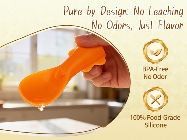 The spoon's material purity, symbolized by a pristine water droplet, ensures only pure flavor.
