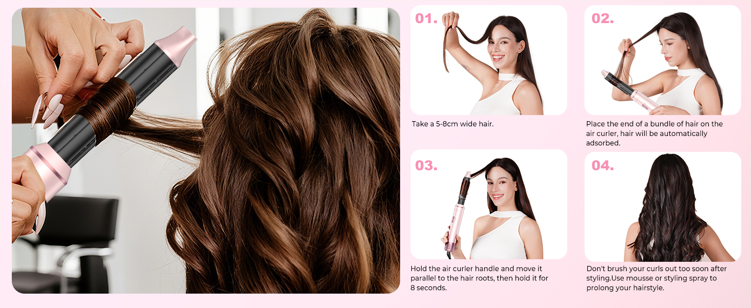 Step-by-step instruction panels showing hair styling technique demonstration with numbered steps and directional arrows.