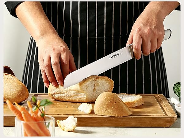 Serrated blade cuts through crispy crusts without compressing the soft inner crumb