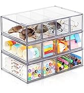 Desk Organizer with 12 Drawers, FODIENS 3 Packs Stackable Desktop Storage Box with Removable Draw...