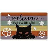 Tailus Welcome Hope You Like Cats Decorative Front Door Mat, Black Cat Paw Prints Heart Doormat I...