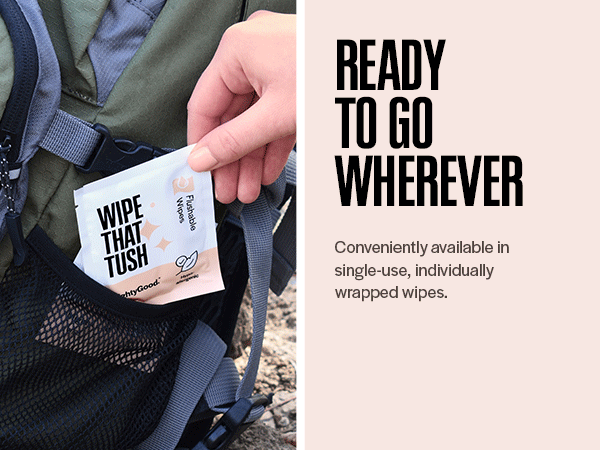 Individually Wrapped wipe being pulled out of a hiking backpage with headline "Ready to go wherever"