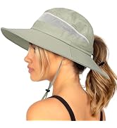 Waterproof Bucket Sun Hat for Women Wide Brim Breathable Mesh UPF50+ Safari Hat Criss Cross Ponyt...