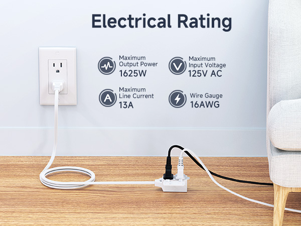 2-Pack 16 AWG 2 Prong Extension Cord 6 ft, 13A 3-Outlet Extension Cords with Tamper Guard, 13 Amp