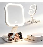 Makeup Mirror with Lights 10X/1X, Magnifying Mirror with 3 Color Modes & Stepless Dimming, Rechar...
