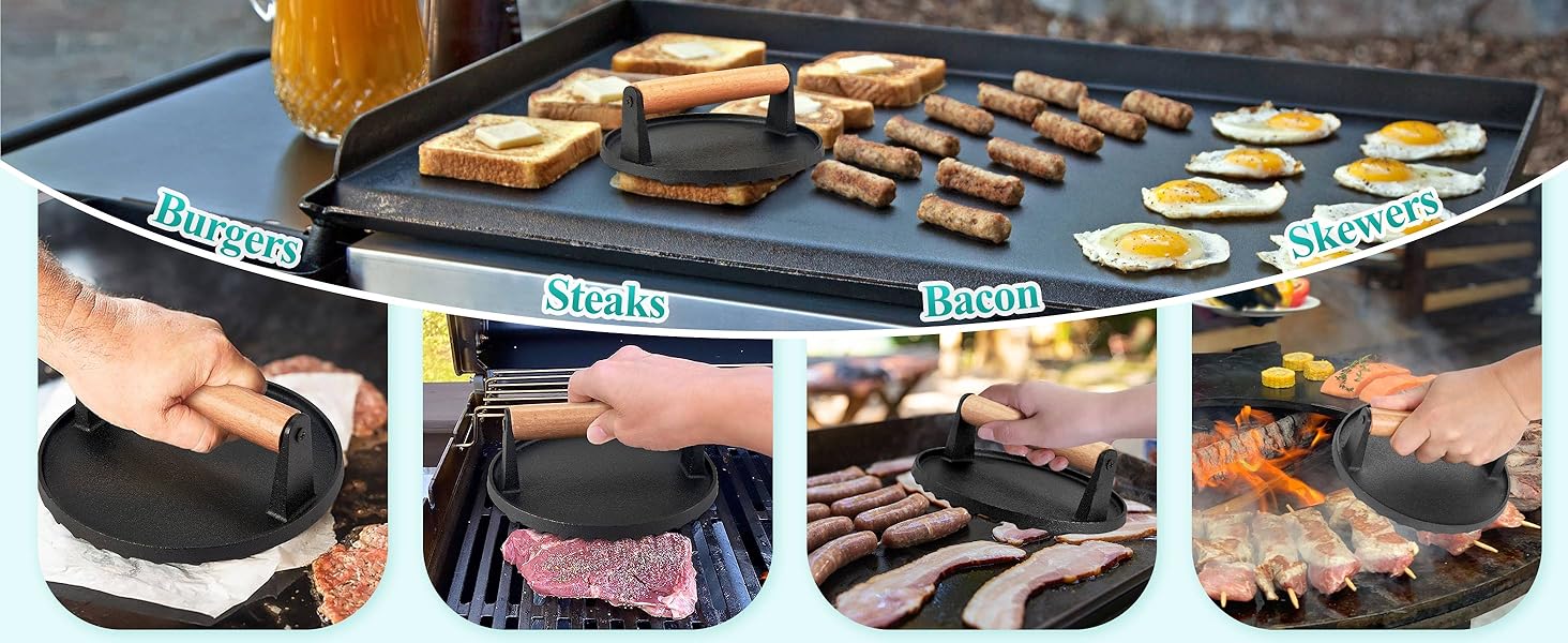 Round cast iron grill smasher burger press