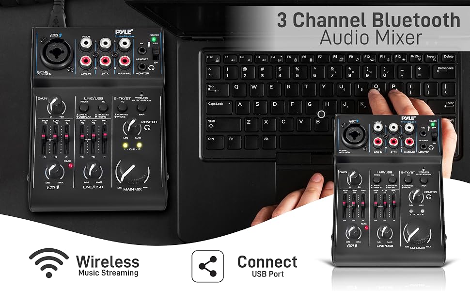 3 Channel Bluetooth Audio Mixer - DJ Sound Controller Interface with USB Soundcard for