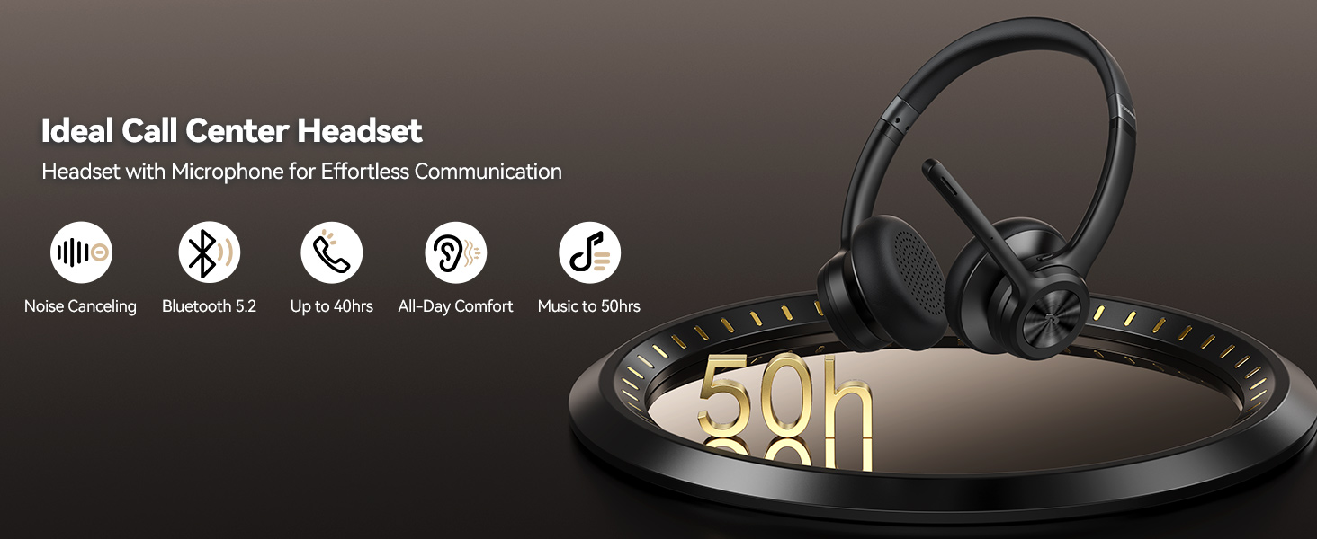 Black wireless headset with microphone featuring noise-canceling, Bluetooth connectivity, and all-day battery life, displayed on a reflective surface with feature icons below.
