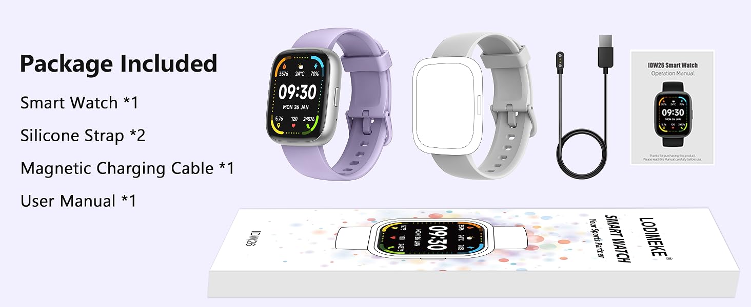 Text reads 'Package Included' followed by product contents listing showing smart watch components and accessories with technical illustrations.