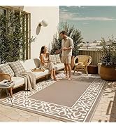 PureCozy Outdoor Plastic Straw Rug Brown Large Outside Waterproof Outdoor Patio 5x8 Carpet Geomet...