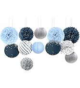 NICROLANDEE Dusty Blue Wedding Decorations, 12 PCS Blue Grey Tissue Pom Poms Paper Lanterns Decor...