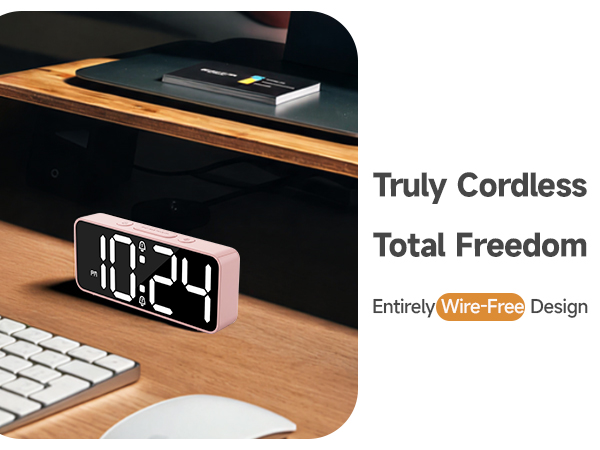battery operated alarm clock cordless white LED digital clock for desk office nightstand small tiny