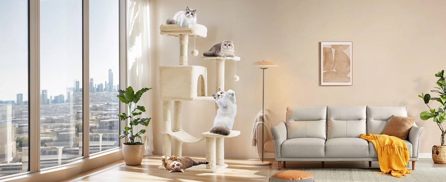 Sweetcrispy 44 inch Cat Tree with Condo, Scratching Posts, Platform, Hammock