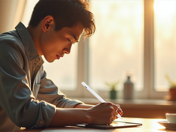 Digital stylus pen in use on a tablet or touchscreen device. Person writing or drawing in warm, soft lighting near a window.